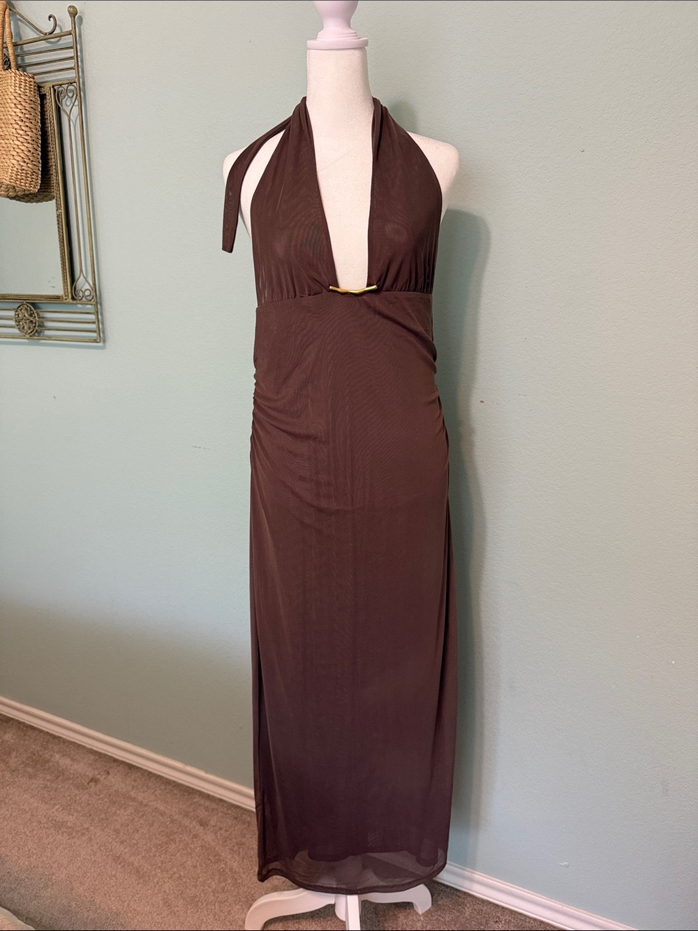 Caroline Constas Salma Brown Halter Maxi Beach Coverup with Gold Accent